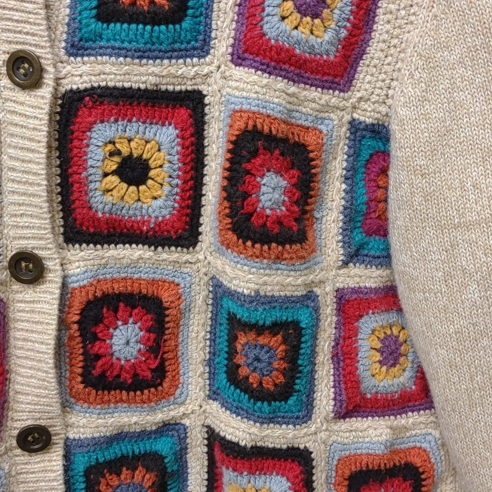 Alfred Dunner Vintage Crochet Granny Square Beige Ramie Cotton Knit Cardigan PXL - Picture 10 of 16